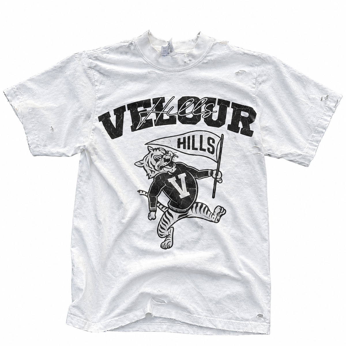 VELOUR HILLS Distressed White T-Shirt front graphic